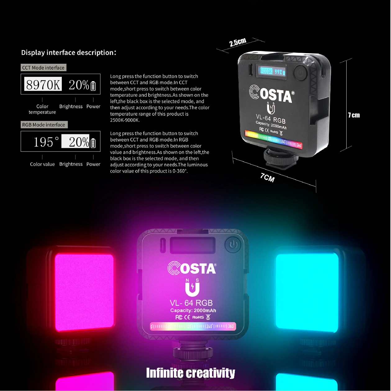 COSTA VL-64 RGB & Bi-color Mini Video Light magnetic