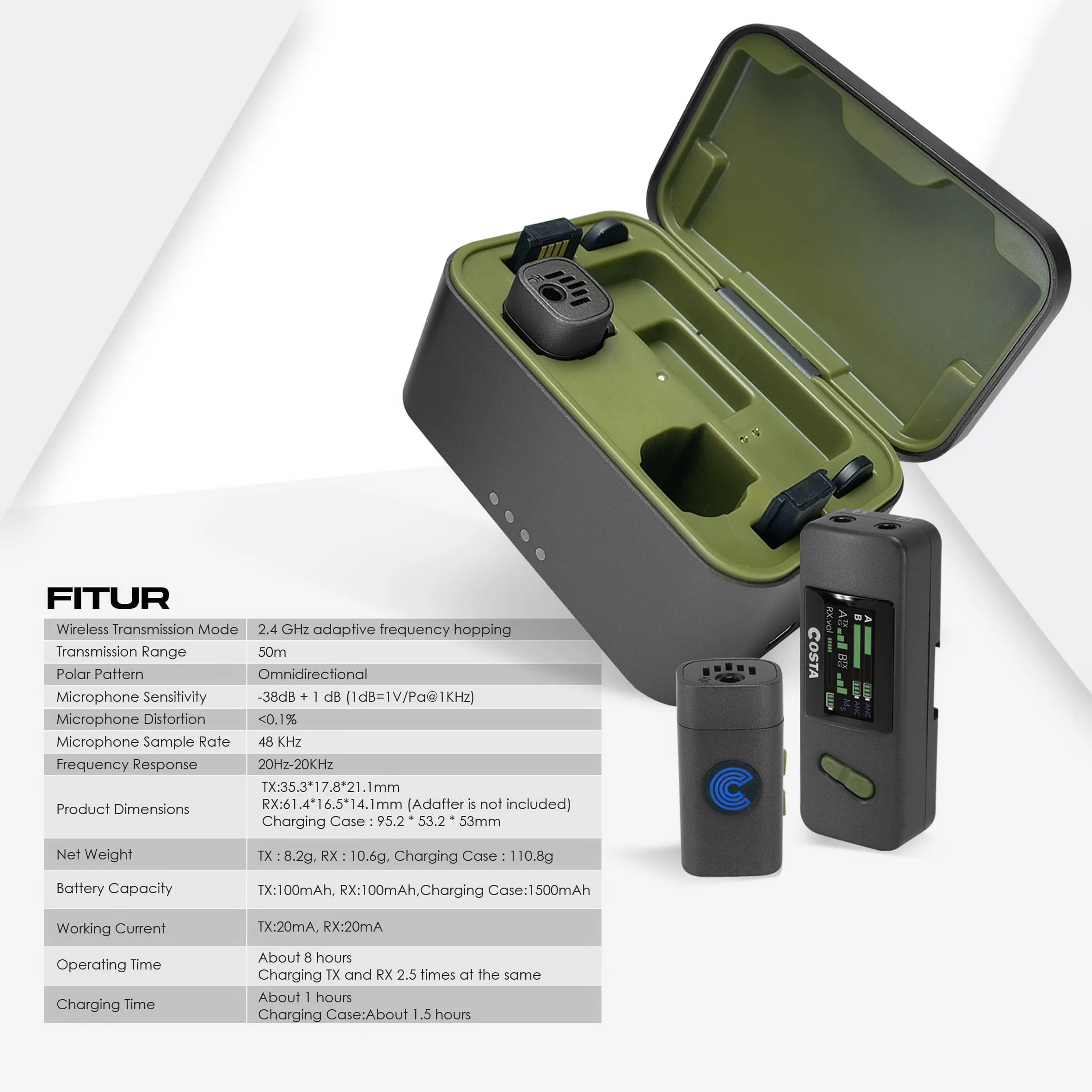 COSTA Altus 2V Dual Wireless Microphone Lavalier 2.4GHz Clip On Clip-On Mic untuk HP Kamera PC Mixer