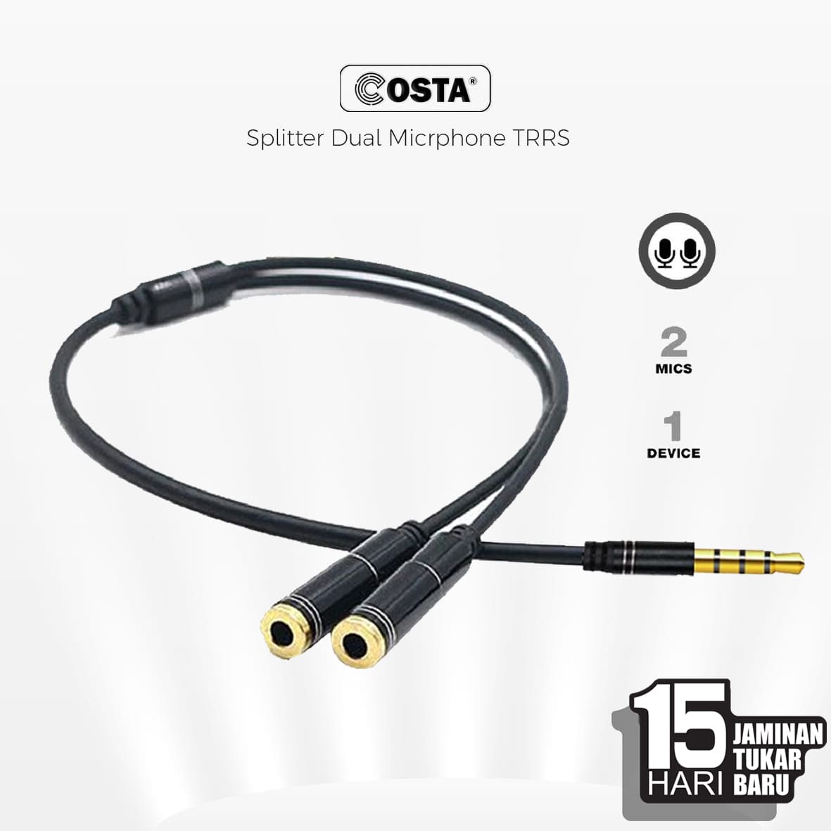 COSTA Dual 3.5mm TRRS Microphone Audio Cable Splitter 2-in-1 Gold-Plated Combiner Adapter
