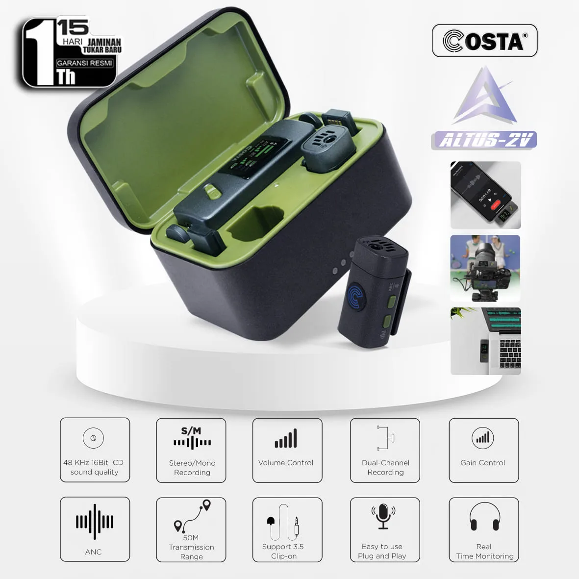 COSTA Altus 2V Dual Wireless Microphone Lavalier 2.4GHz Clip On Clip-On Mic untuk HP Kamera PC Mixer